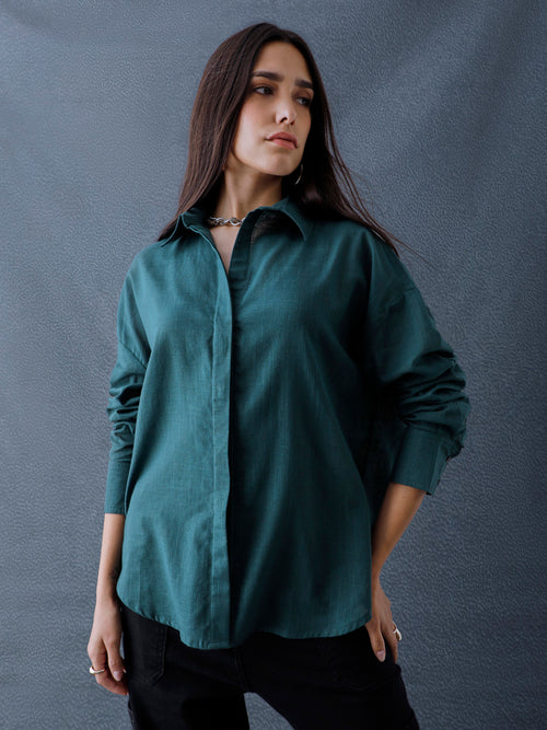 Women Oversize Teal Green Cotton Casual shirt
