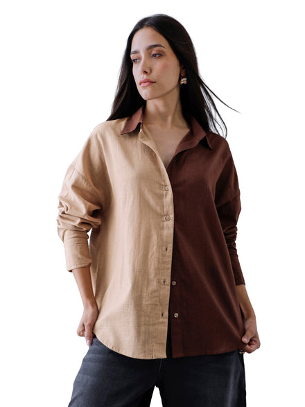 Women Oversize Fusion Brown Beige Cotton Casual shirt