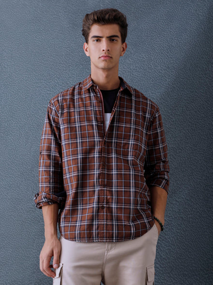 Men Relax fit Brown Checked Campus Casual Shirt