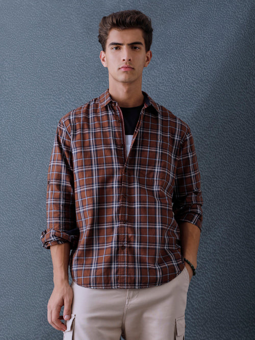 Men Relax fit Brown Checked Campus Casual Shirt