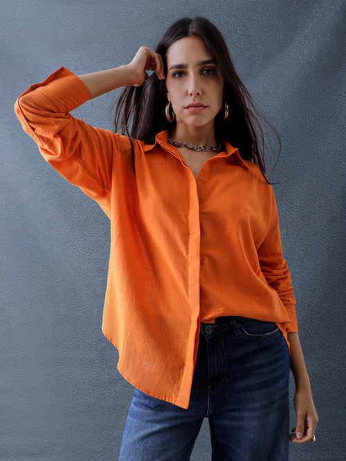Women Oversize Orange Cotton Casual shirt