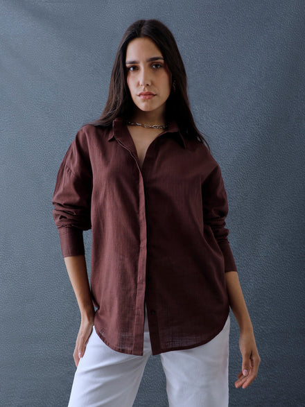 Women Oversize Choco Brown Cotton Casual shirt