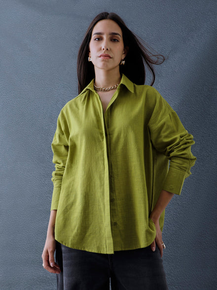 Women Oversize Pista Green Cotton Casual shirt