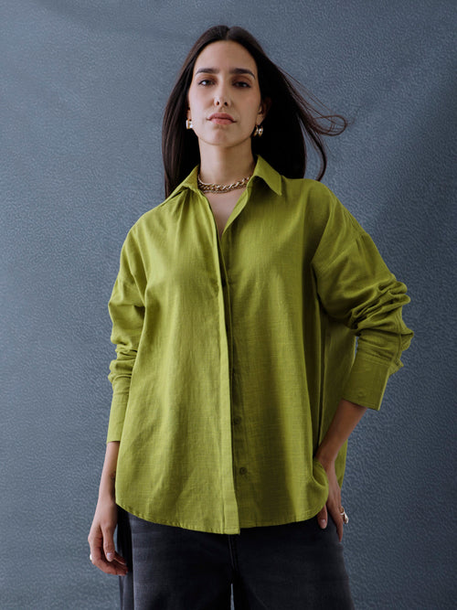 Women Oversize Pista Green Cotton Casual shirt