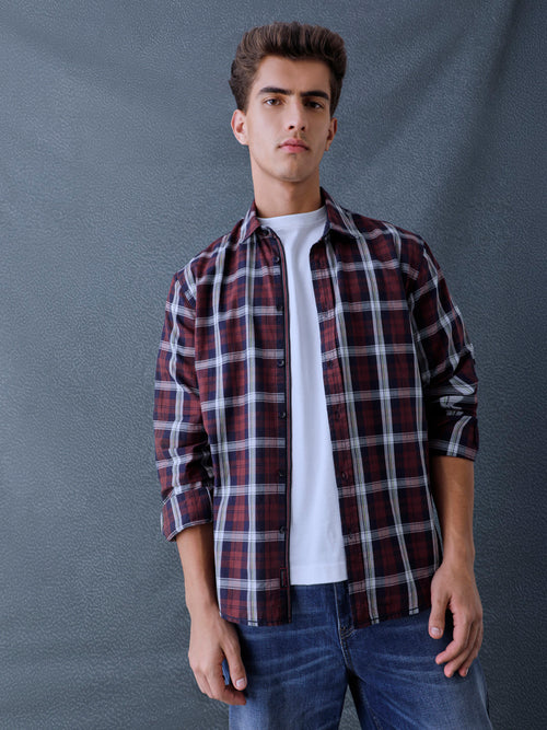 Men Relaxed Fit Navy Brown Small Checked Cotton Casual Shirt