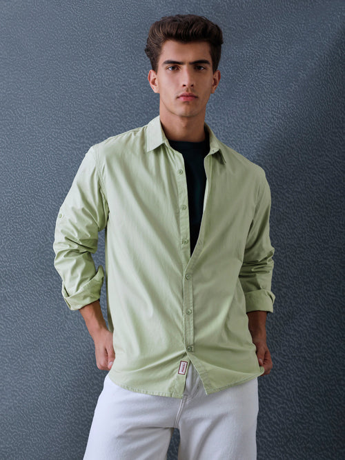 Men Relax fit Pista Green Solid Peach Cotton Casual Shirt