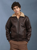 Men Regular Fit Brown Crack Leather look Full Sleeve Jacket