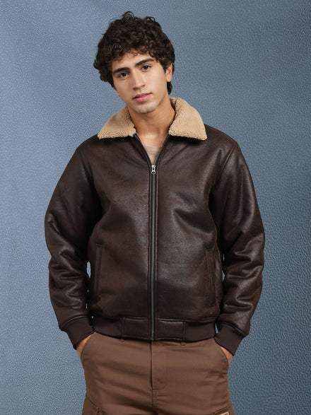Men Regular Fit Brown Crack Leather look Full Sleeve Jacket