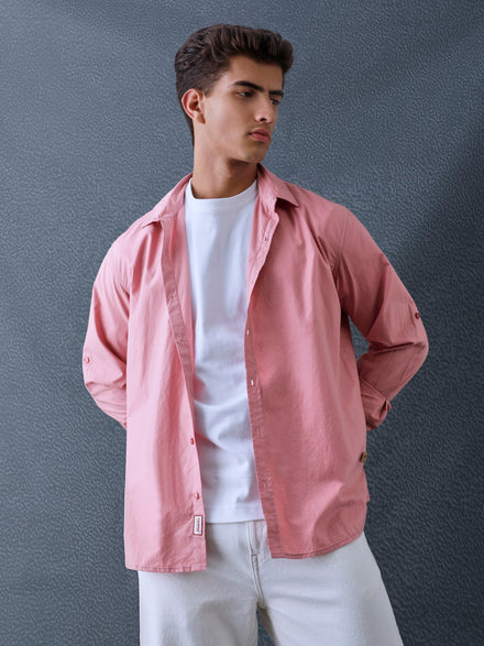 Men Relax fit Retro Coral Pink Solid Peach Cotton Casual Shirt