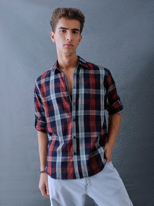 Men Relax fit Maroon Navy Courdroy Checked Casual Shirt
