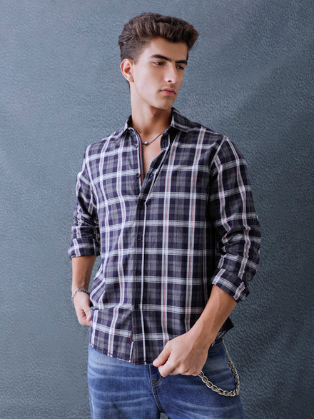 Men Relaxed Fit Navy Light Grey Small Checked Cotton Casual Shirt