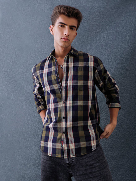 Men Relax fit Ecru Navy Courdroy Checked Casual Shirt