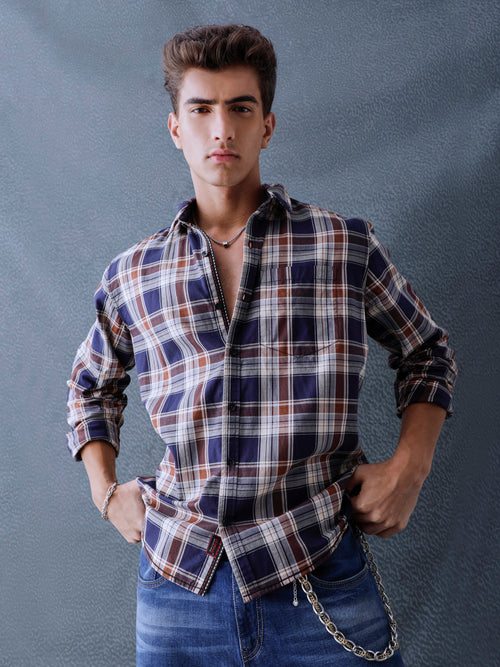Men Relax fit Navy Ecru Checked Campus Casual Shirt
