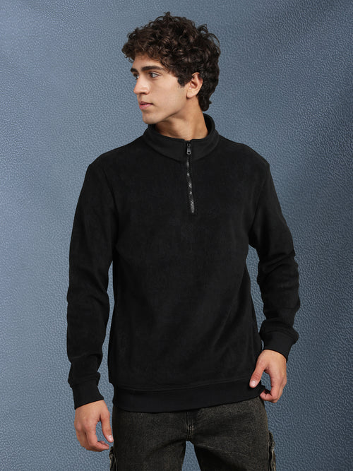 Men Regular Fit Black Half Zip High Neck Heavy Core Sweatshirt