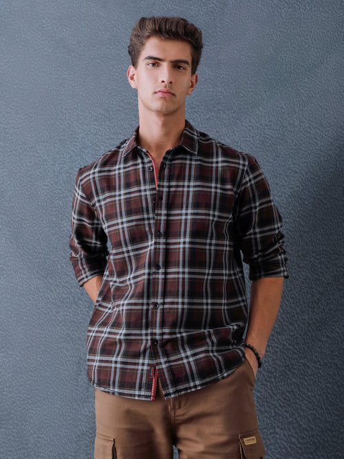 Men Relaxed Fit Brown Light grey Structured Checked Cotton Casual Shirt