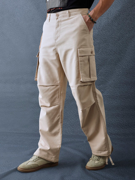 Men Relax Fit Beige Cotton Stretch Outdoor Cargo Pant