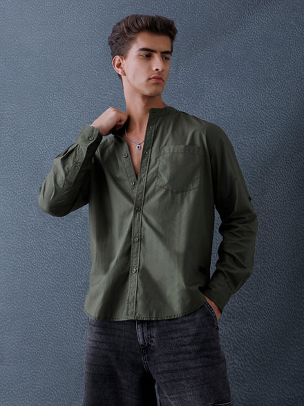 Men Relax fit Olive Solid Peach Cotton Mandarin Collar Casual Shirt