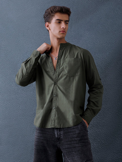 Men Relax fit Olive Solid Peach Cotton Mandarin Collar Casual Shirt