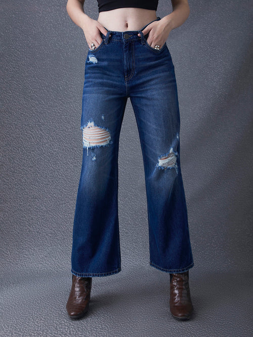 Women Wide Leg Destruction Washed High Waist Cotton Dark Indigo Jeans