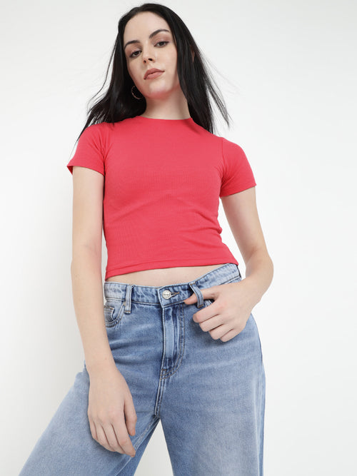 Women Premium Cotton Ribbed Slim Fit Pink Crop Top