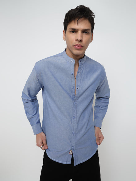 Men Regular Fit Pace Fine Textured Premium Cotton Solid Blue Shirt
