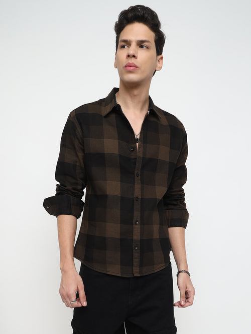 Men Regular Fit Waffle Structured Window Check Print Black Choco Brown Casual Shirt