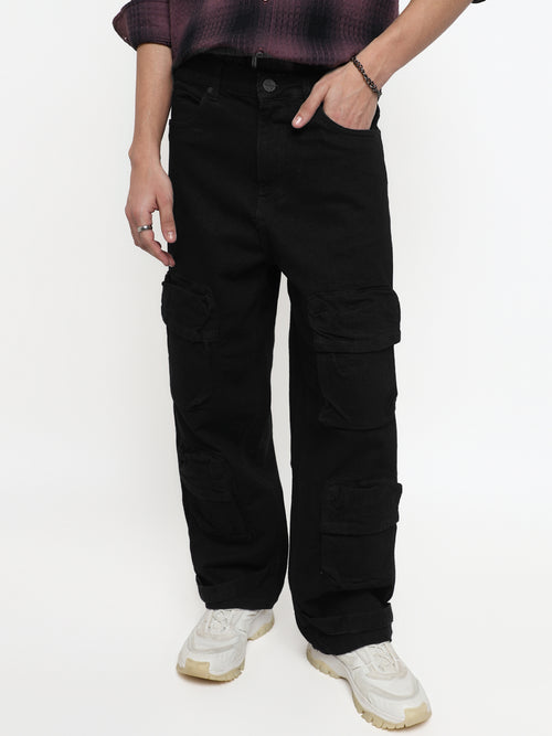 Men Baggy Fit Stretch 8 Pocket Utlity Black Denim Cargo