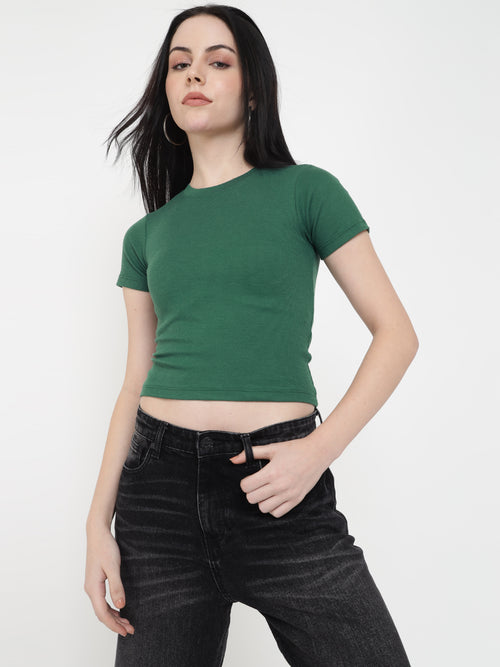 Women Premium Cotton Ribbed Slim Fit Green Crop Top