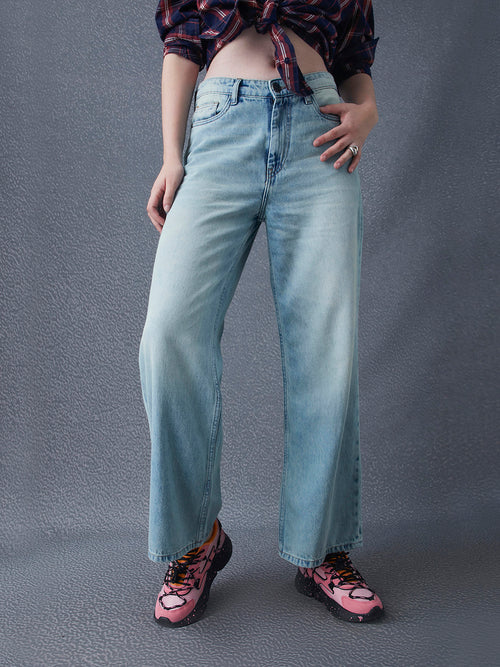 Women Wide Leg Cotton High Waist Indigo Jeans