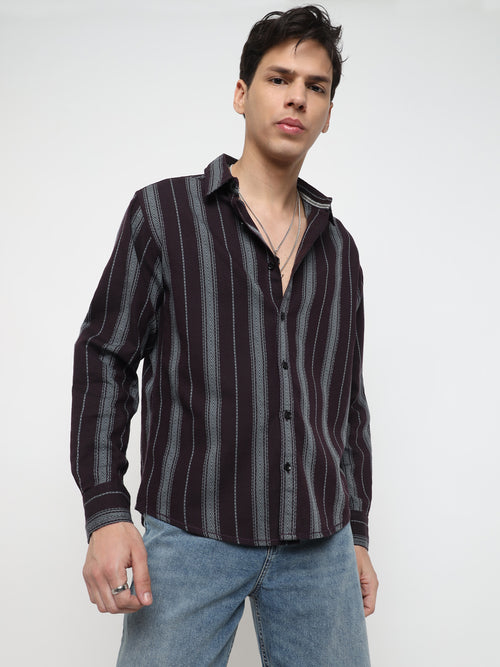 Men Relax Fit Premium Cotton Wine And Grey Vertical Striped Casual Shirt
