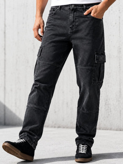 Voltedge Men Premium High Stretch Straight Fit Dark Grey Cargo Denim Jeans