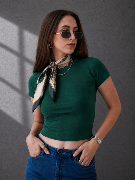 Women Premium Cotton Ribbed Slim Fit Green Crop Top
