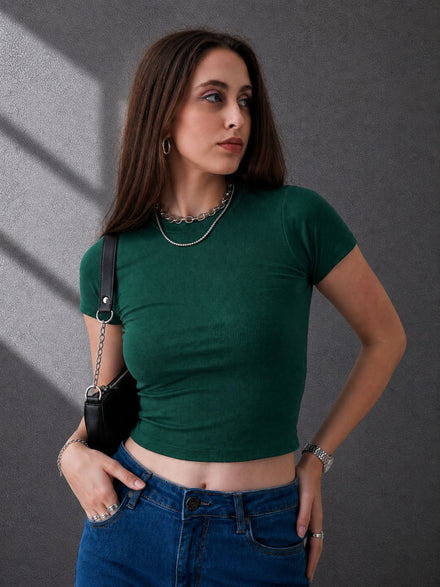 Women Premium Cotton Ribbed Slim Fit Green Crop Top