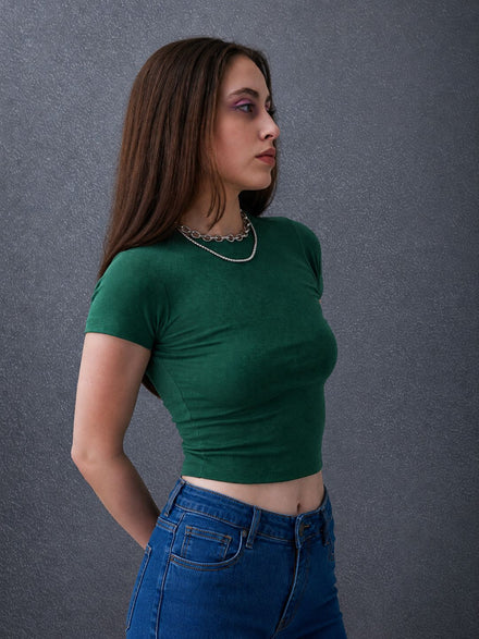Women Premium Cotton Ribbed Slim Fit Green Crop Top