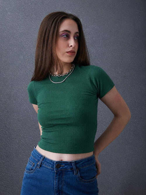 Women Premium Cotton Ribbed Slim Fit Green Crop Top