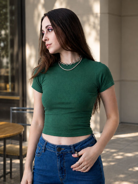 Women Premium Cotton Ribbed Slim Fit Green Crop Top